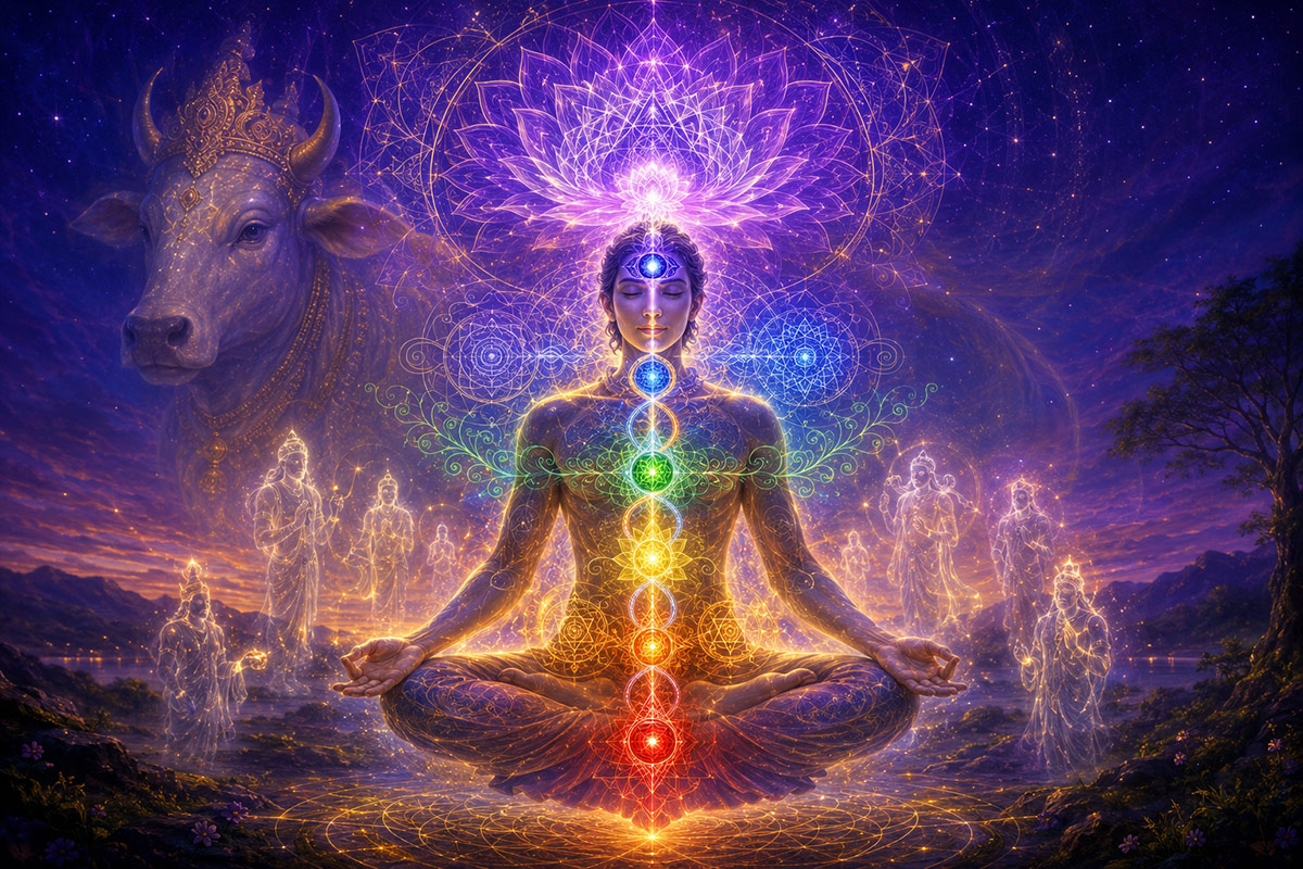 Meditating figure with glowing rainbow chakras aligned along the spine, a luminous cow spirit and translucent deities in a cosmic landscape
