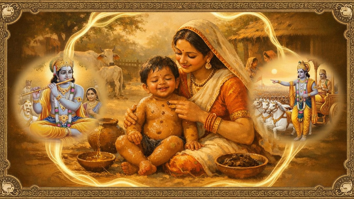 Sacred cow and divine figure blessing a devotee with healing power from cow dung