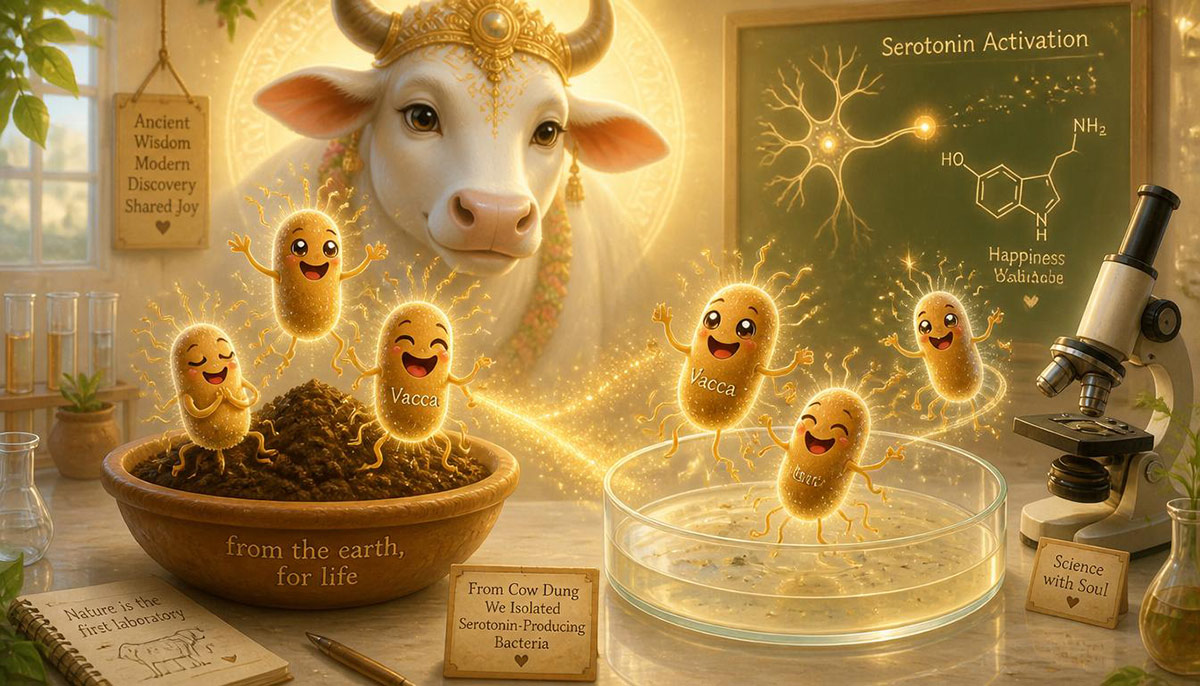 Illustration of Mycobacterium vaccae bacteria discovered in cow dung, with serotonin activation diagram