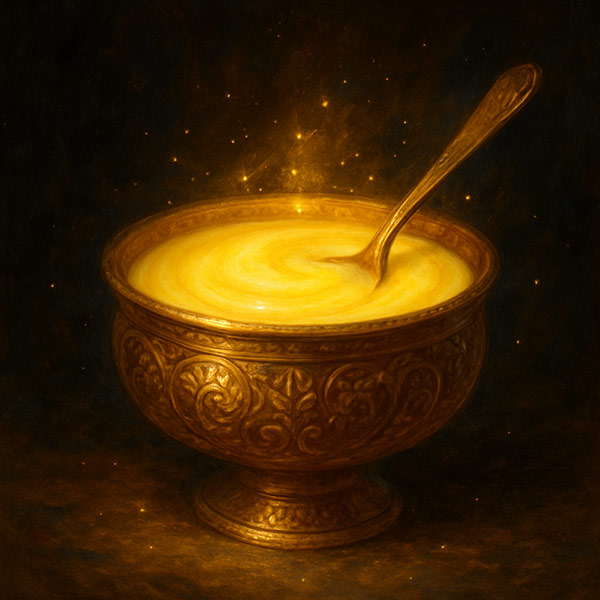 Golden ghee in an ornate golden bowl