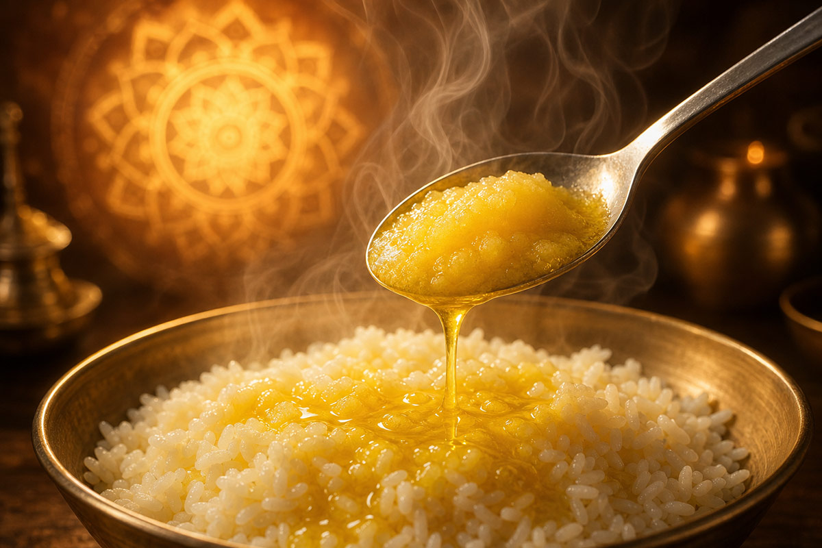 Golden ghee being drizzled from a spoon over a bowl of steaming rice