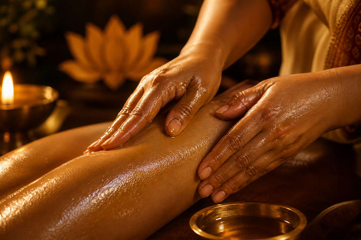 Warm ghee being applied in a traditional Abhyanga massage on skin glistening with oil