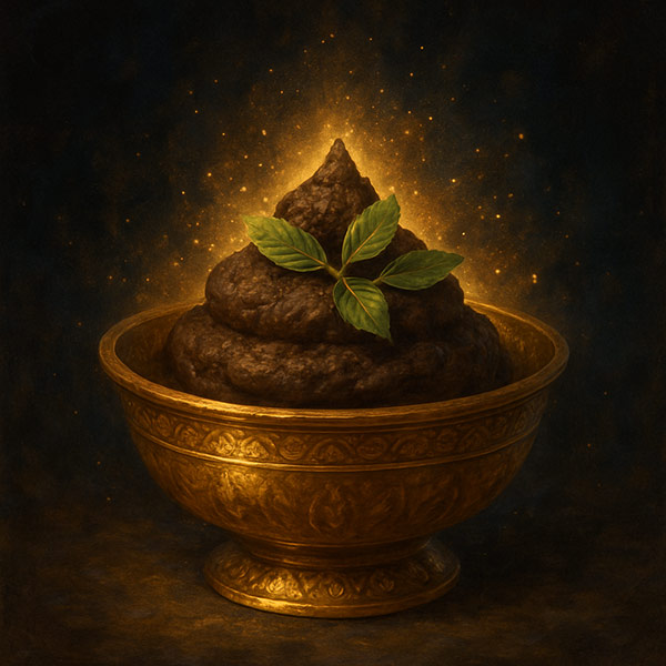 Cow dung in a golden bowl with sacred herbs
