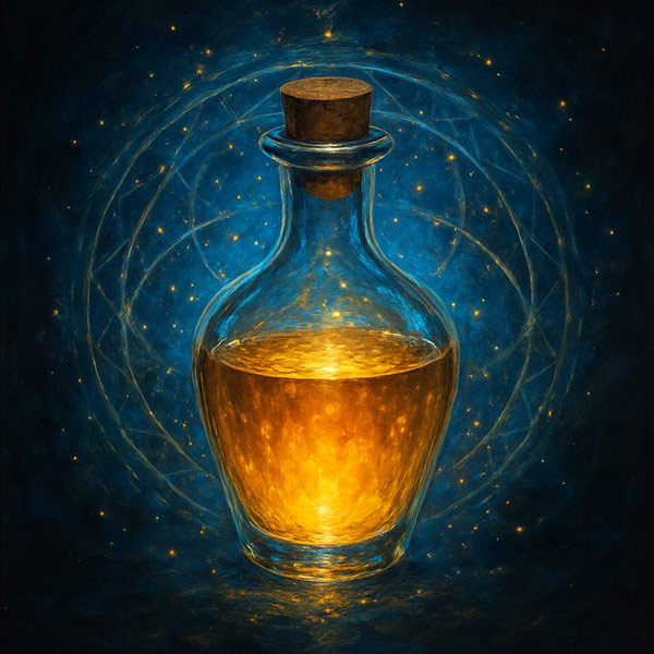 Cow urine elixir in a glass bottle with golden glow