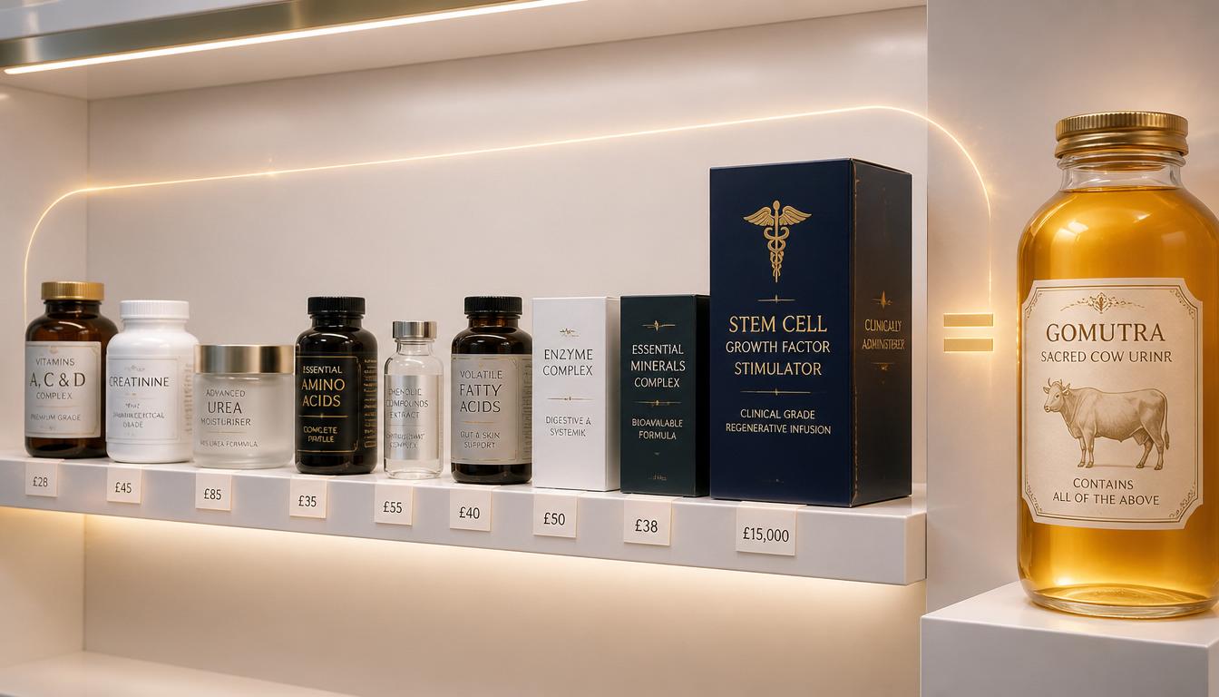 Pharmacy shelf showing supplement bottles for each compound found naturally in cow urine, next to a golden jar of Gomutra containing them all