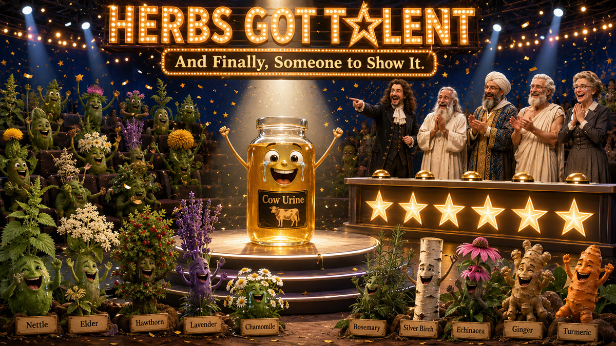Herbs Got Talent — a fun illustration of medicinal herbs cheering as a golden jar of cow urine takes centre stage, judged by historical physicians