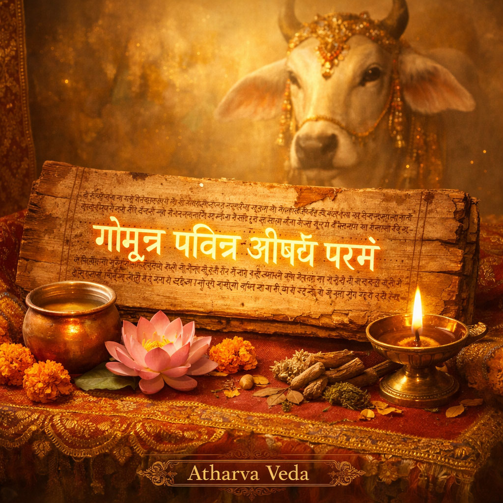Atharva Veda inscription about gomutra with sacred cow, lotus flower, and ghee lamp