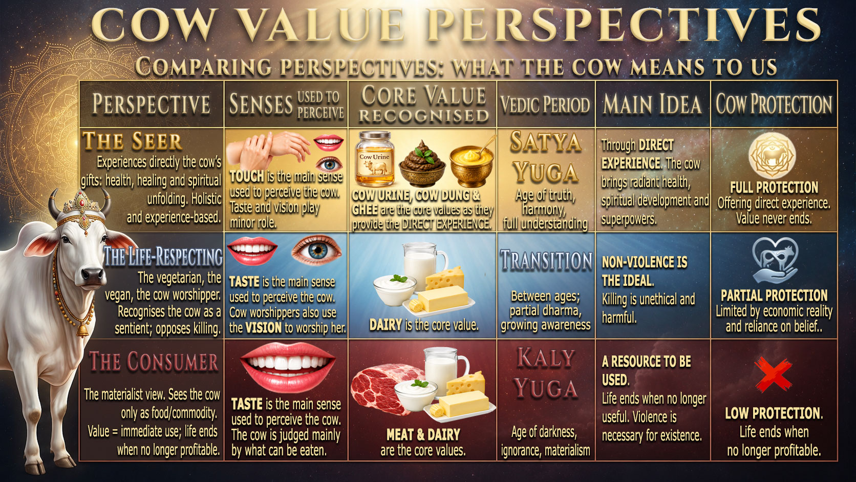 Cow Value Perspectives comparison table showing three viewpoints: The Seer (full protection, direct experience), The Life-Respecting (partial protection, dairy-centred), and The Consumer (low protection, meat and dairy)